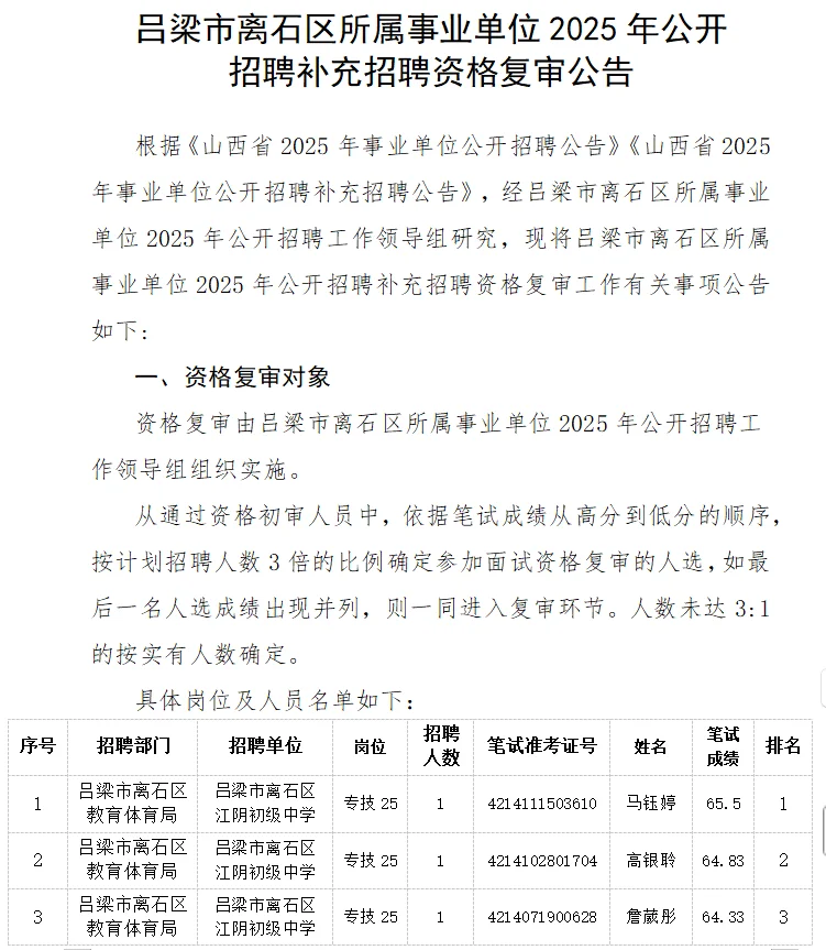 吕梁各县区事业单位2025年补录招聘资格复审