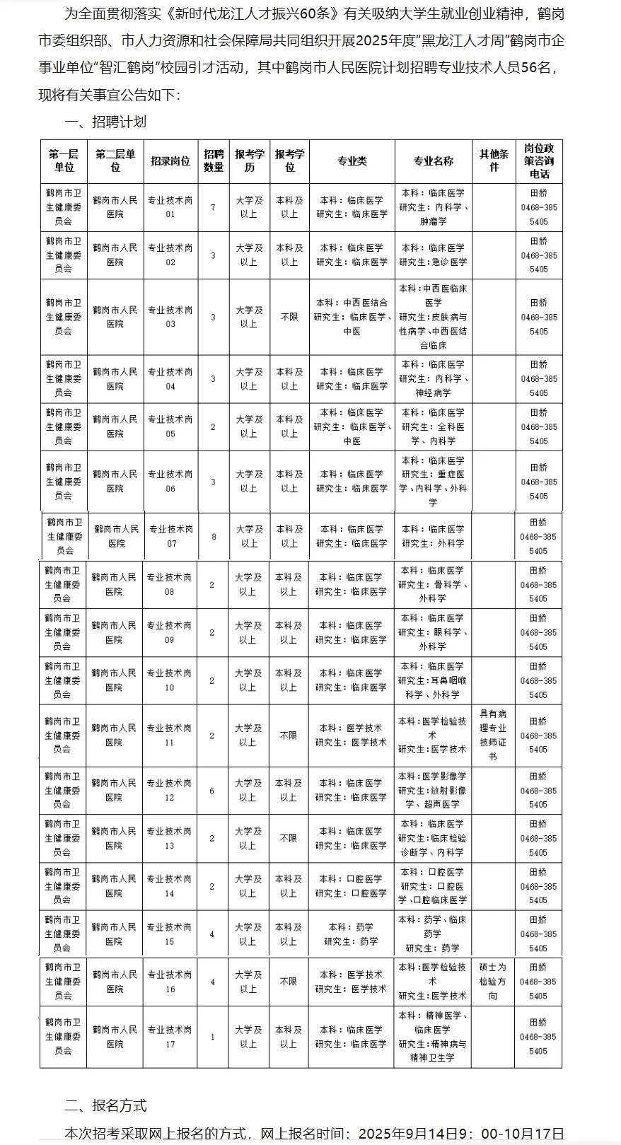 2025鹤岗市人民医院招聘56人【黑龙江人才周
