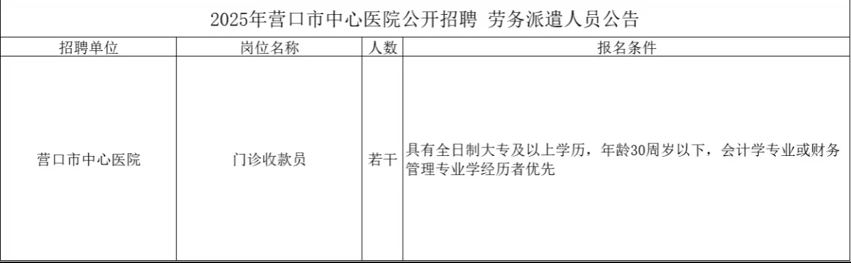 专科即可！营口市中心医院收款员招聘若干人