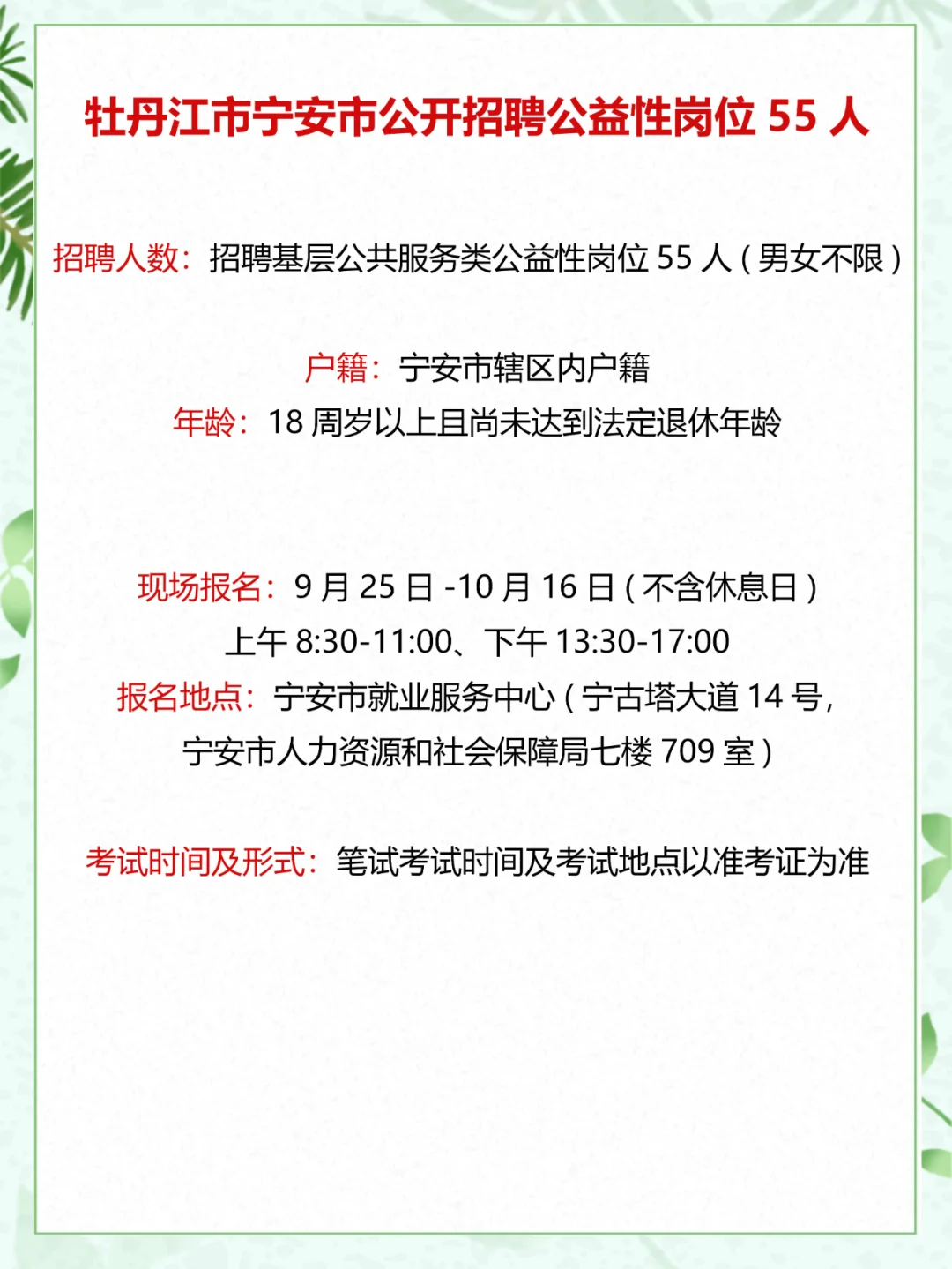 牡丹江市宁安市公开招聘公益性岗位55人
