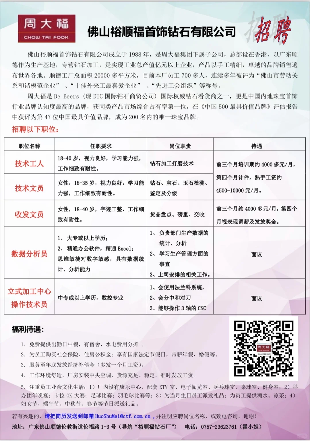 伦教招聘（五险一金，周日休息）