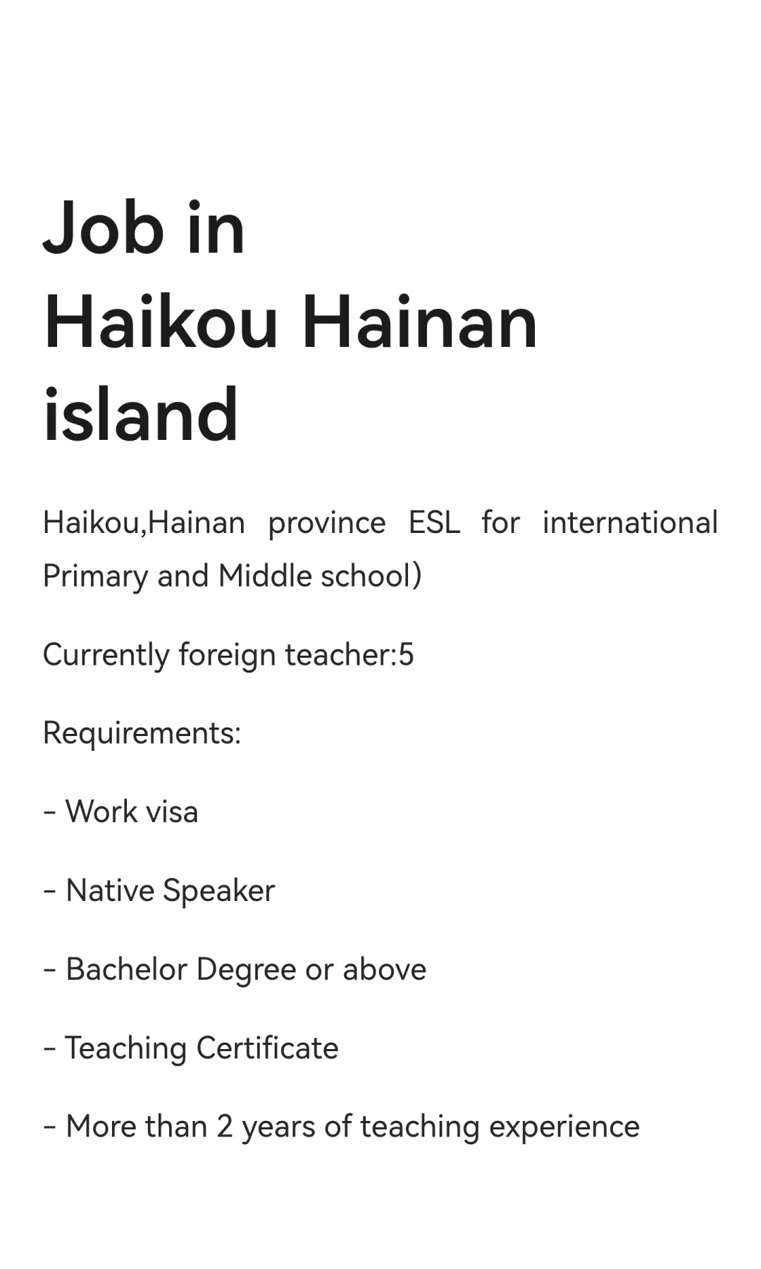 Job in Haikou Hainan island