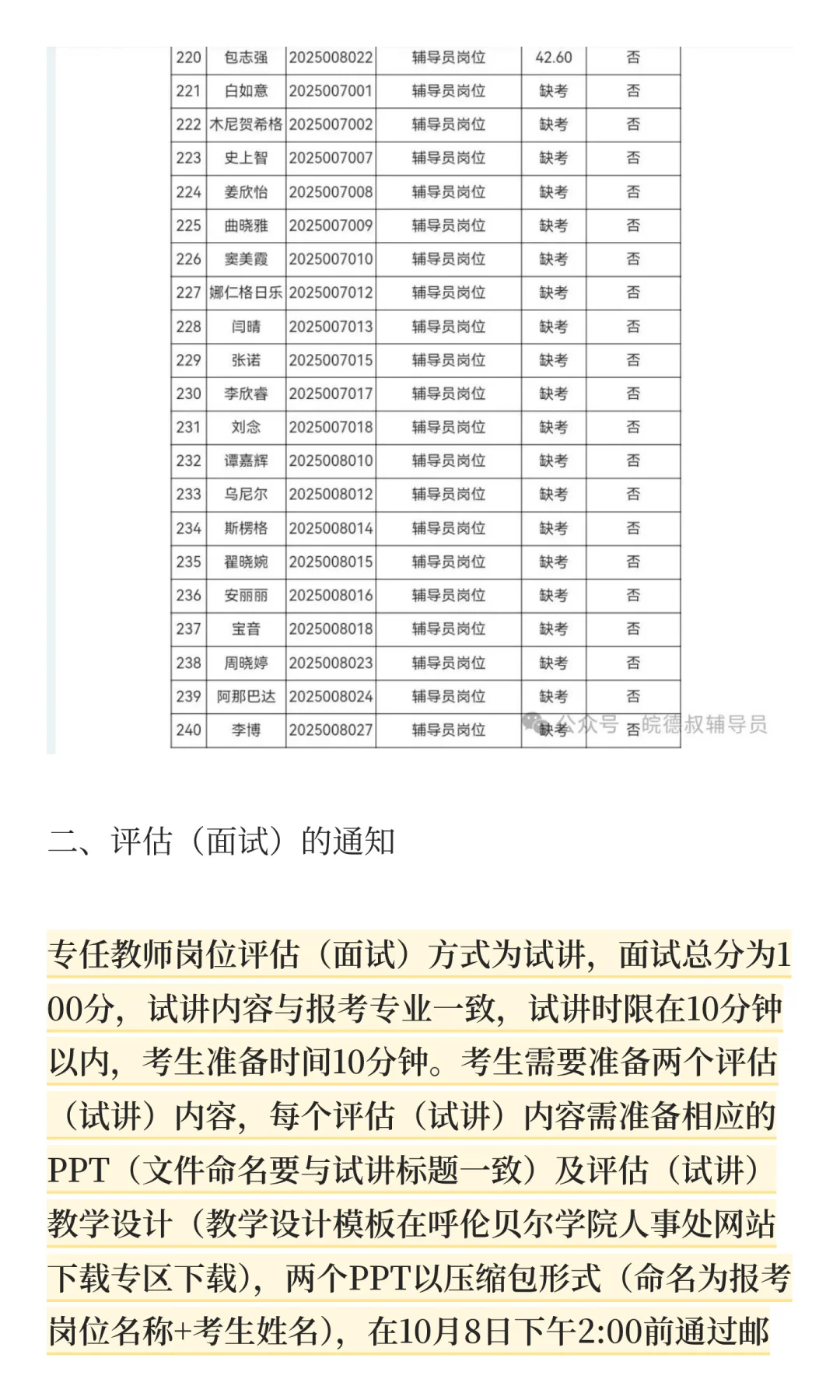 呼伦贝尔学院关于2025年引进人才笔试成绩公