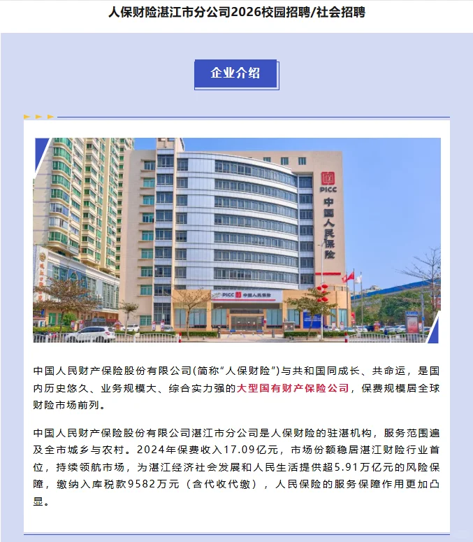 人保财险湛江市分公司26年校招/社招公告