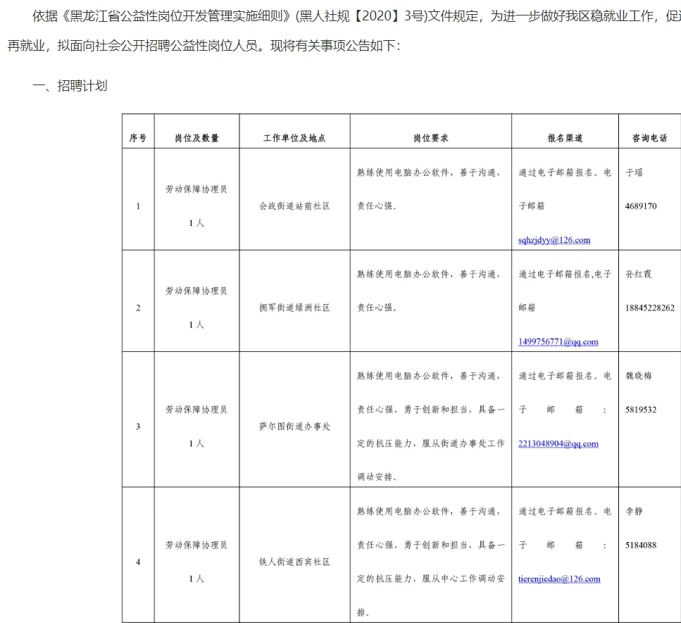 大庆市萨尔图区公益性岗位招聘公告