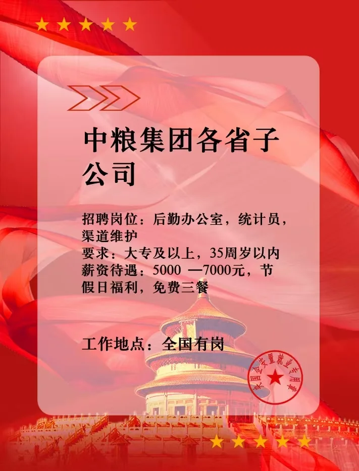 中粮集团子公司招聘来啦！福利岗别错过