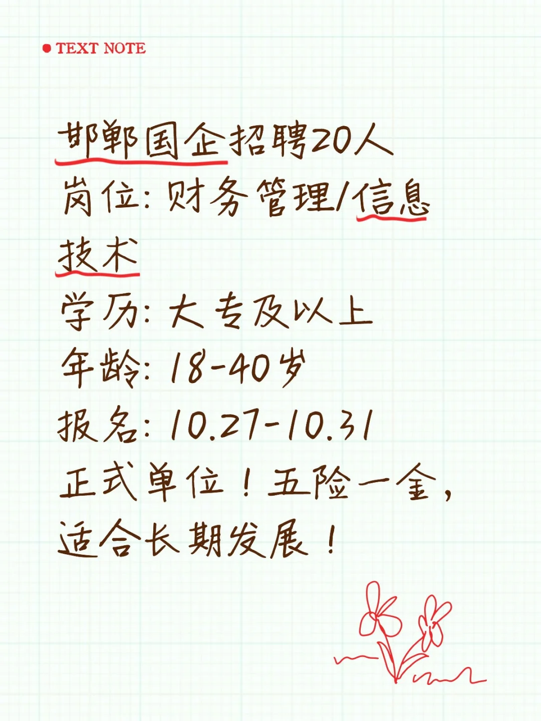 邯郸国企招20人！财务管理/信息技术岗