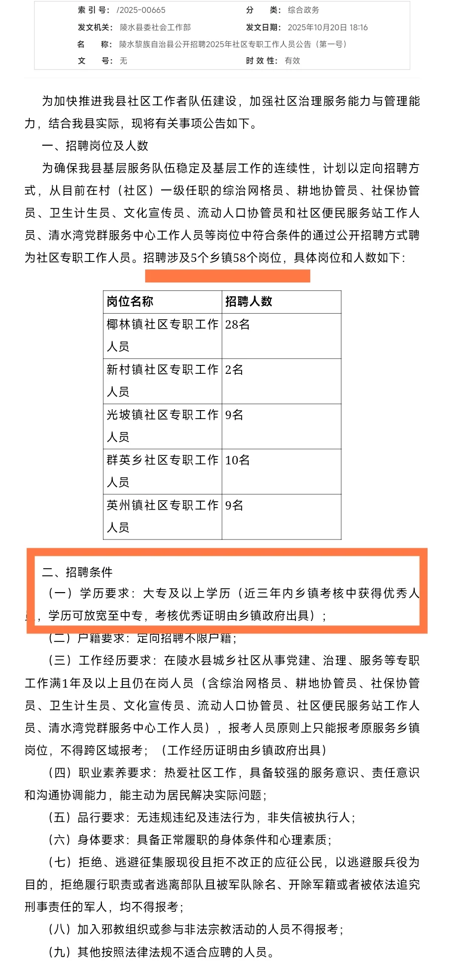 陵水社区工作者58人！中专优秀可报