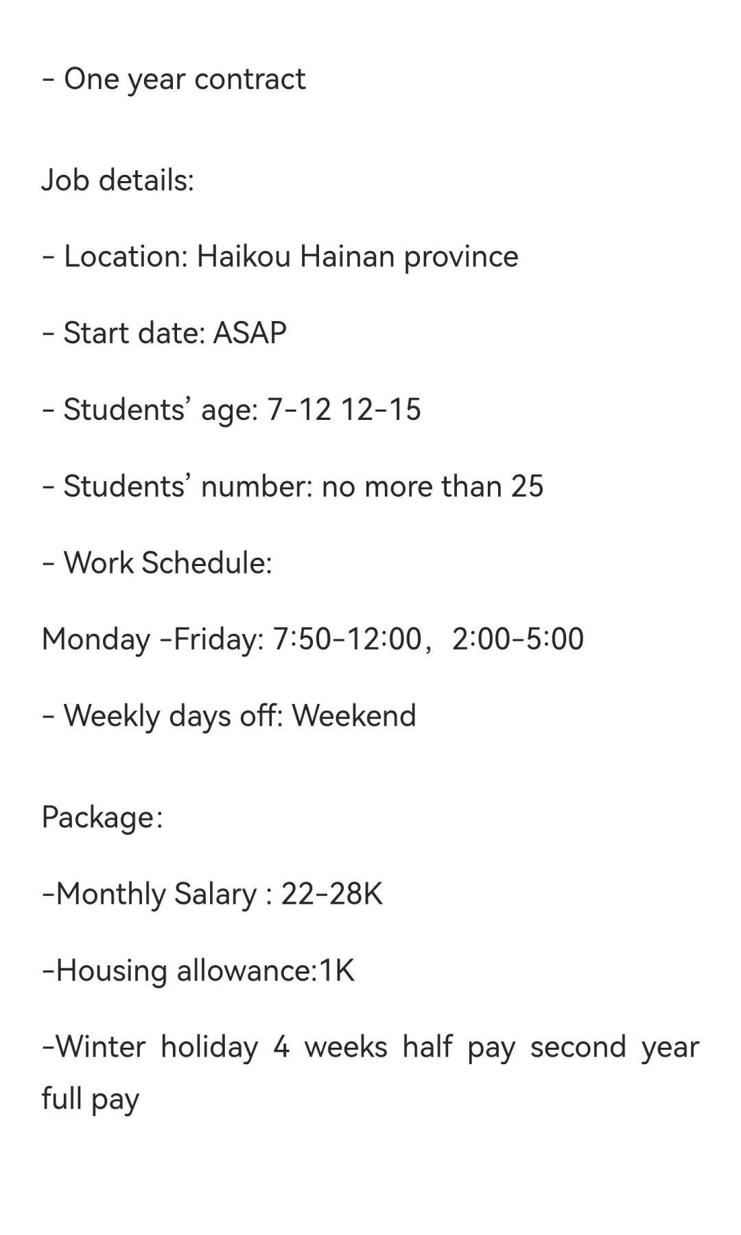 Job in Haikou Hainan island