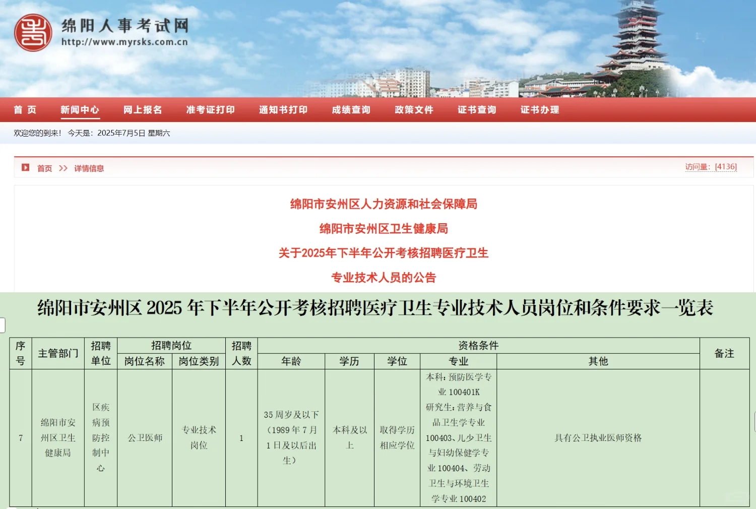 绵阳安州区招公卫1️⃣人