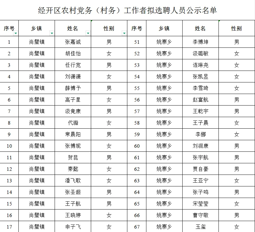 邯郸经开区村务工作者拟聘人员名单