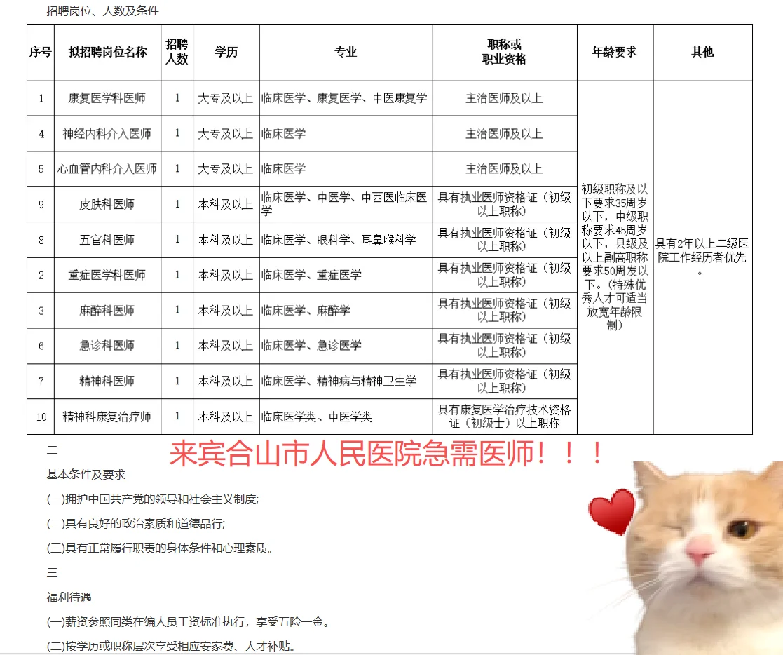 五险一金！安家费！可入编！在来宾合山医院