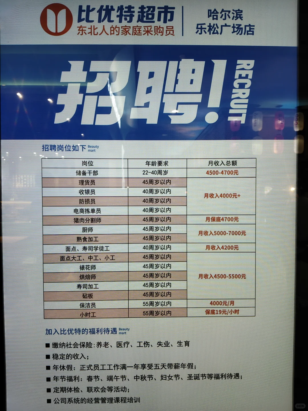 比优特超市招聘，看看给多少工钱