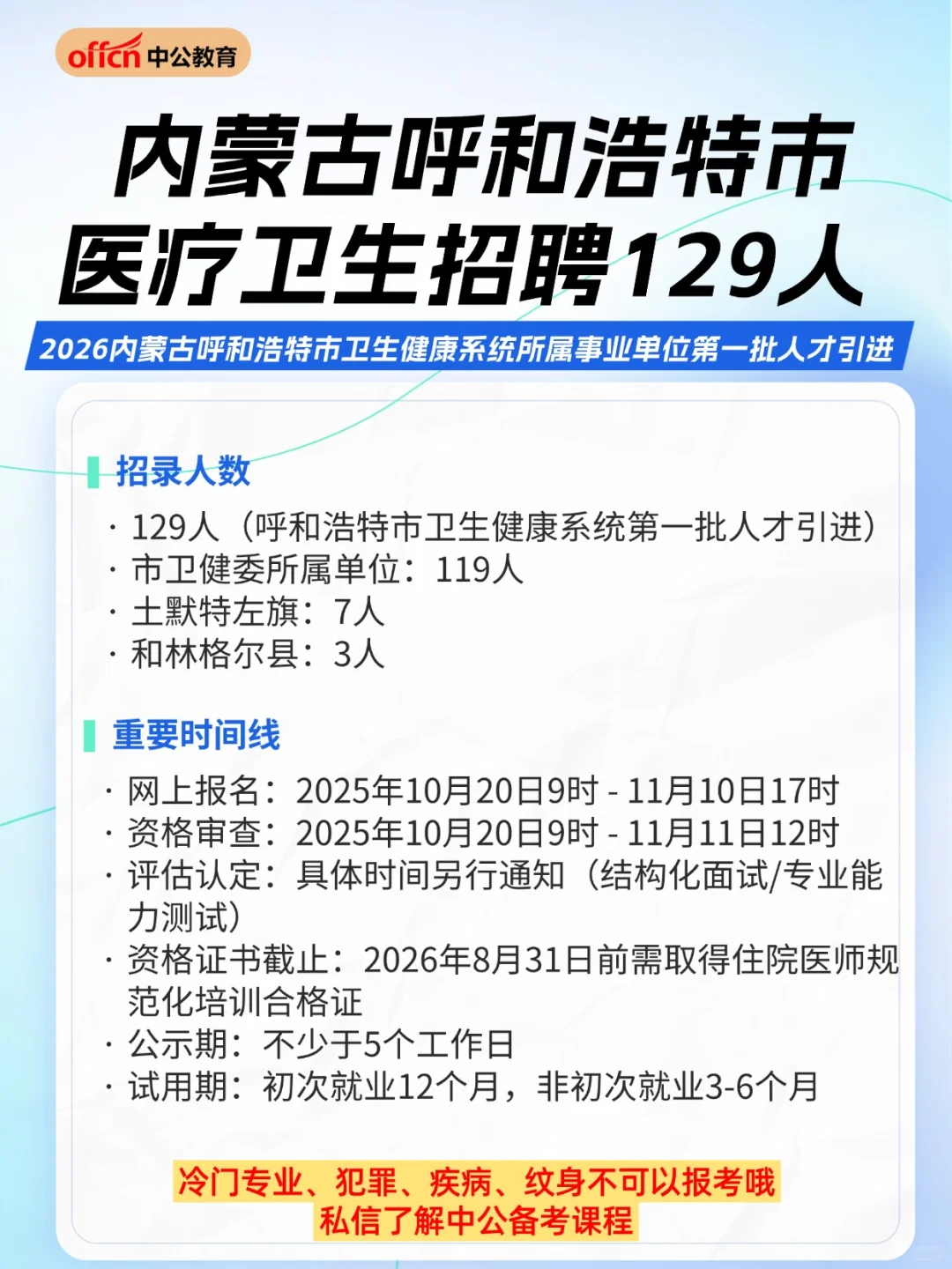 🏥呼和浩特医疗招聘129人！