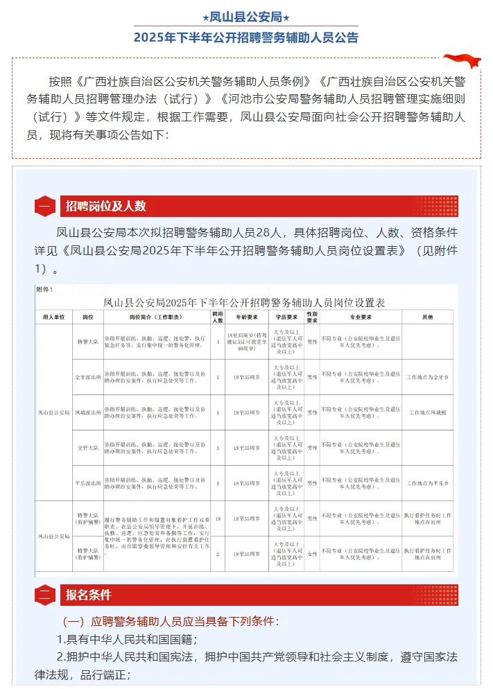 河池市凤山县招28名辅警，女生有岗位