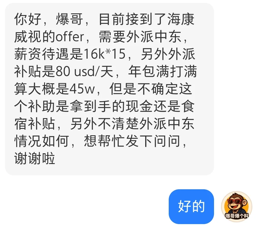 海康威视 年包45w 外派中东 值得去么