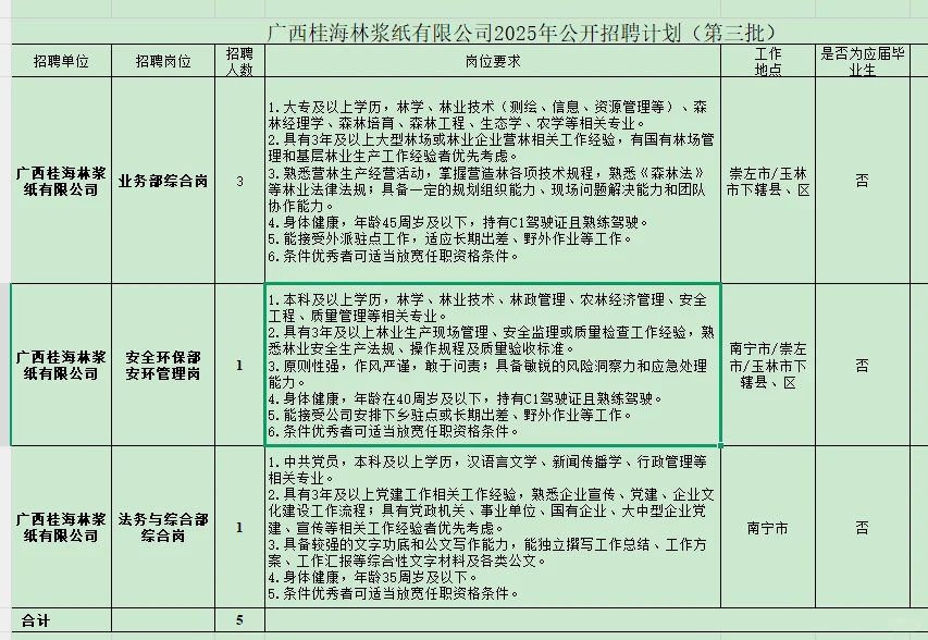 2025广西桂海林浆纸有限公司公开招聘5人