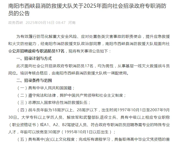 南阳市西峡县消防救援大队公开招聘政府专职