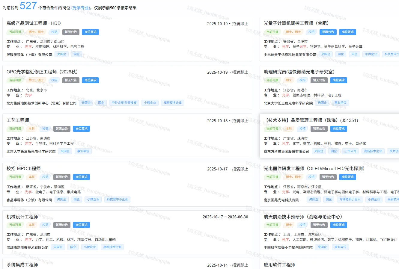 10月19日光学类央国企岗位更新啦~