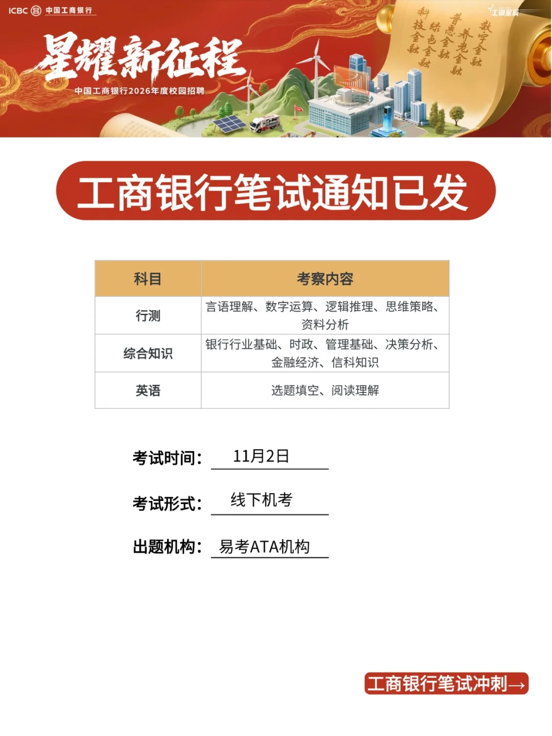 工商银行笔试通知也出了！11.2笔试来得及！