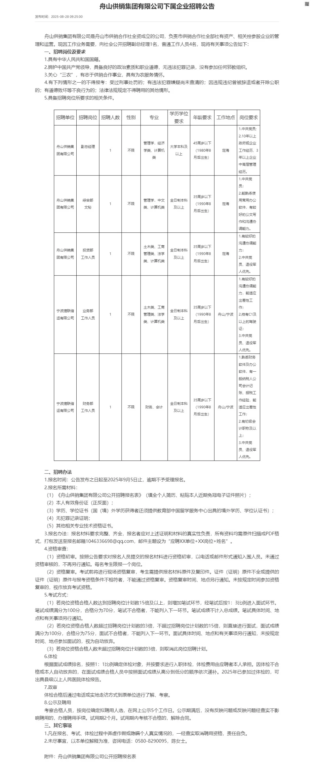 舟山供销集团有限公司下属企业招聘公告
