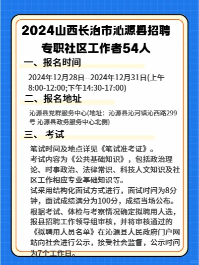 山西长治市沁源县招专职社区工作者54人