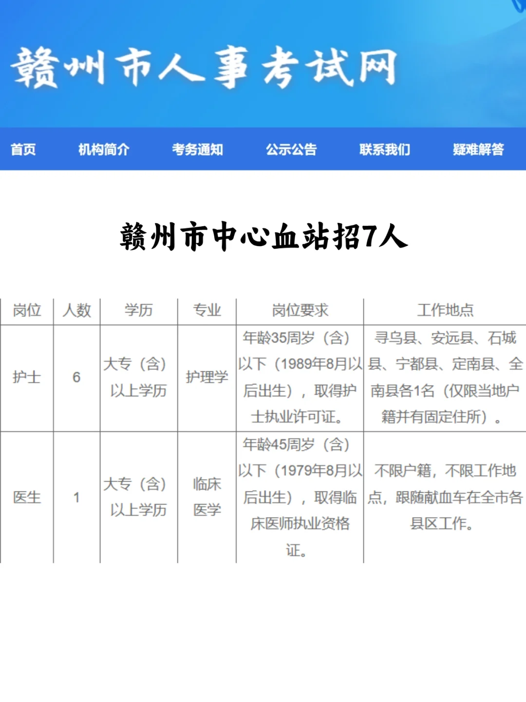 赣州市中心血站招7人