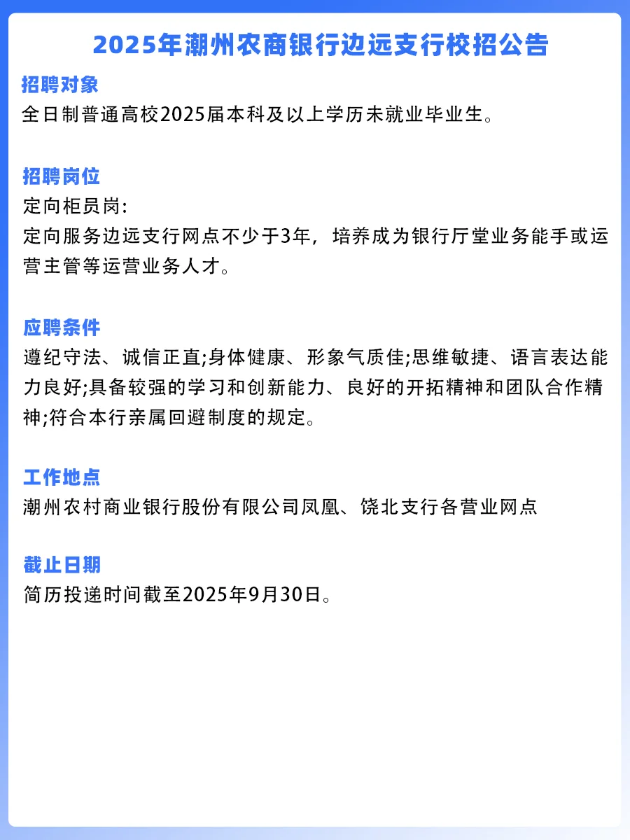 2025年潮州农商银行边远支行校园招聘公告！