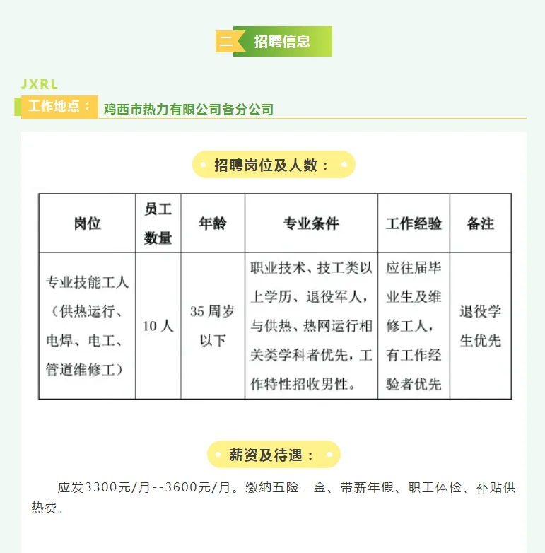 鸡西市热力公司招聘10人