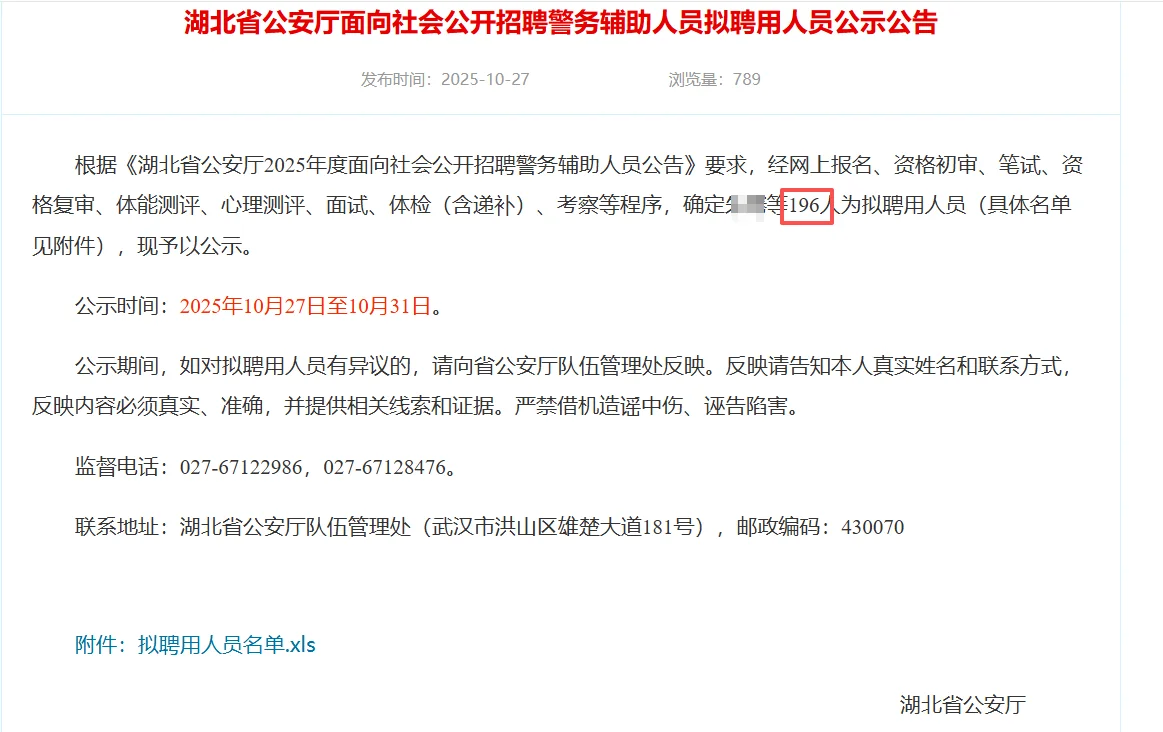 湖北省公安厅，面向社会公开招聘拟聘用人员