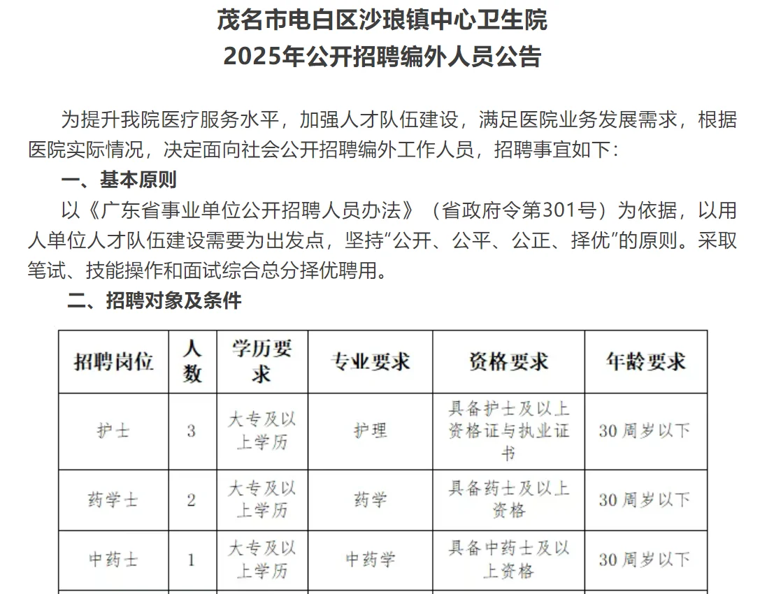 广东茂名市电白区沙琅镇招聘药学中药学3人
