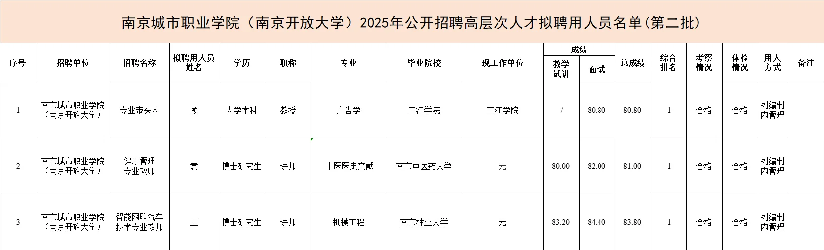 南京城市职业学院25年招聘高层次人才公示