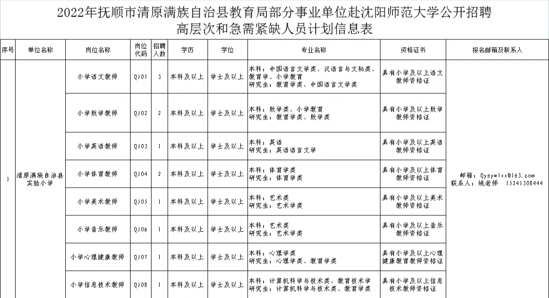 抚顺 清原招聘教师公告