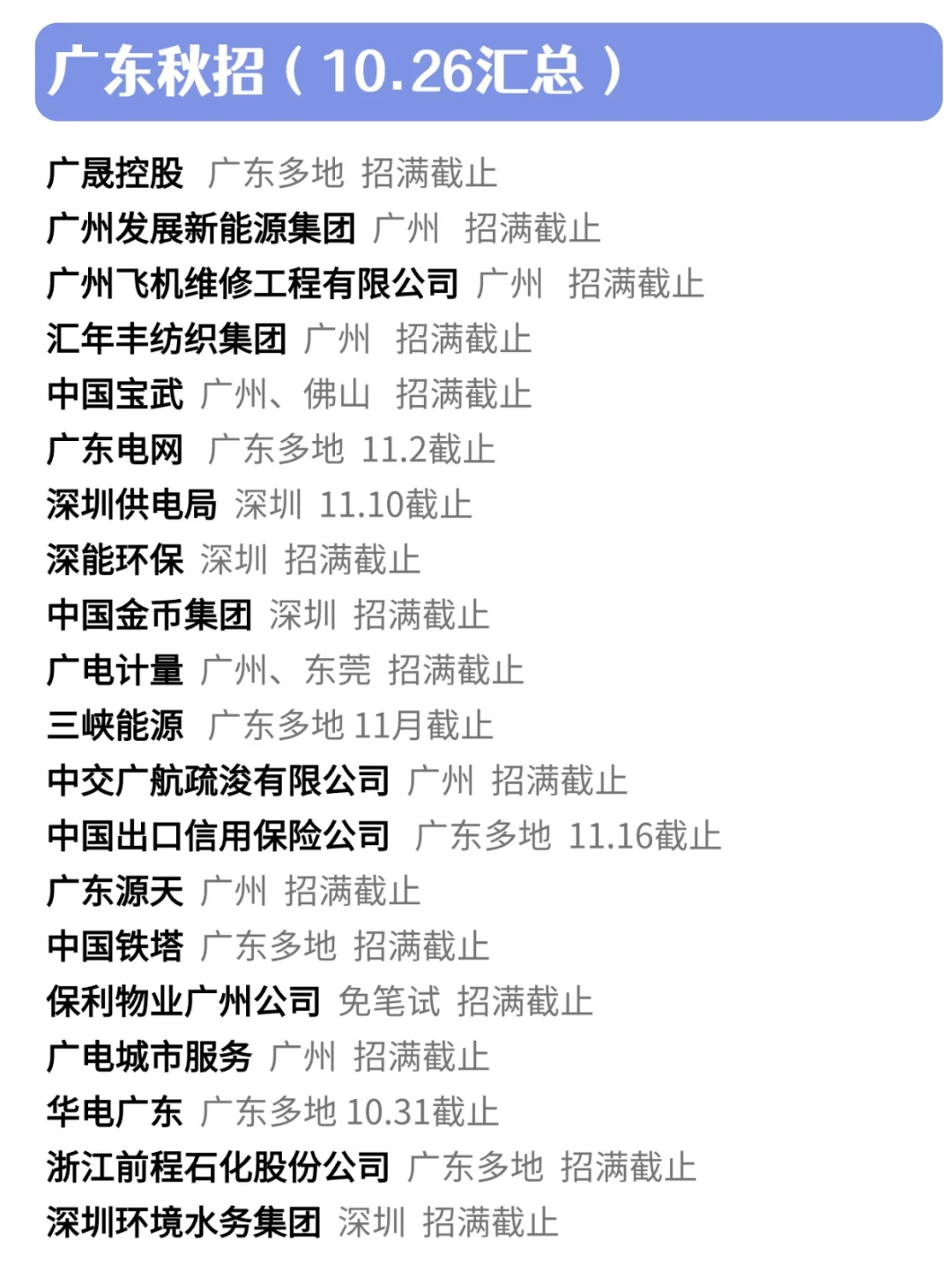 10月底放出的广东秋招每一个都要珍惜！