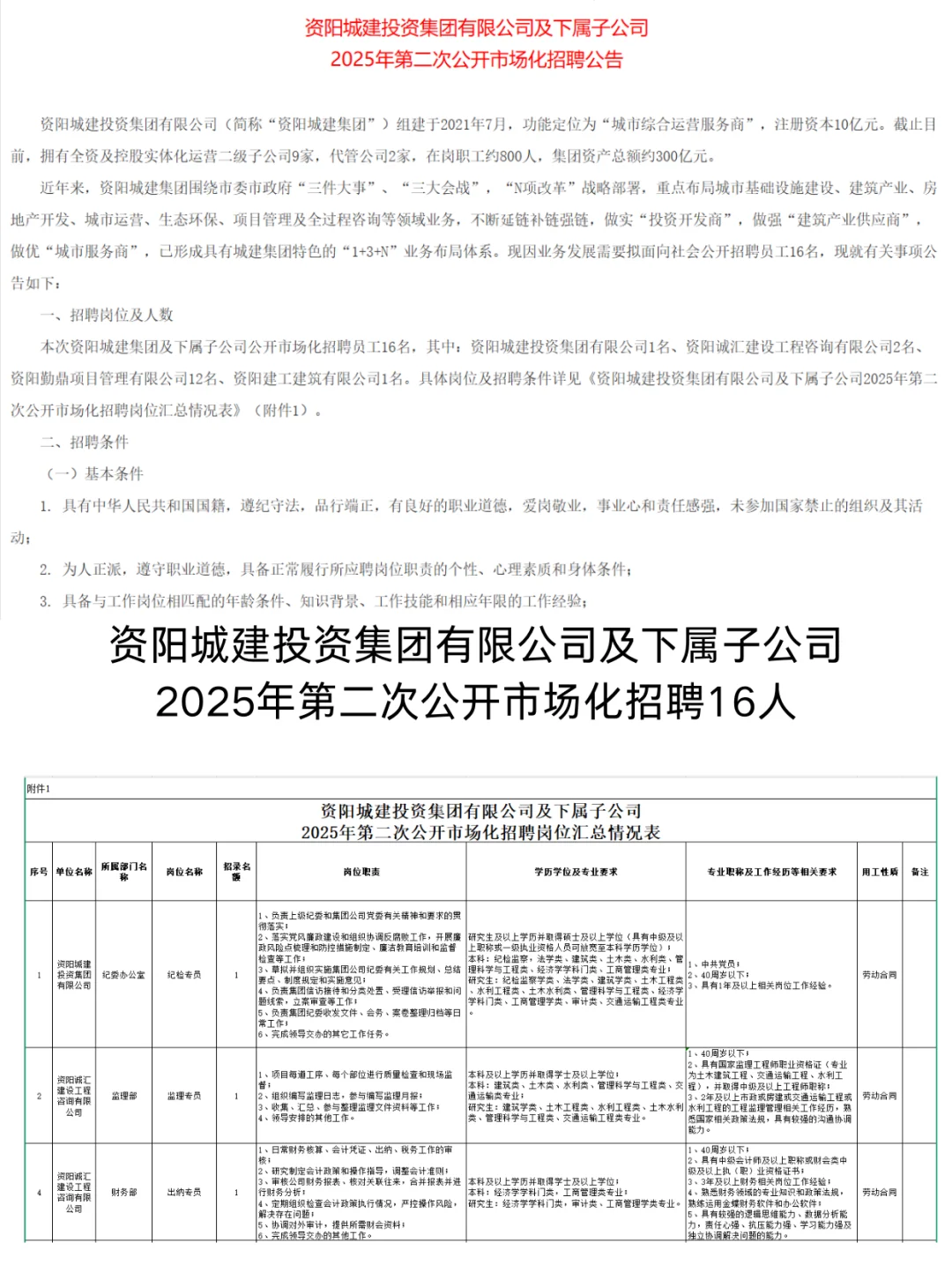 资阳城投集团子公司第二次市场化招聘16人