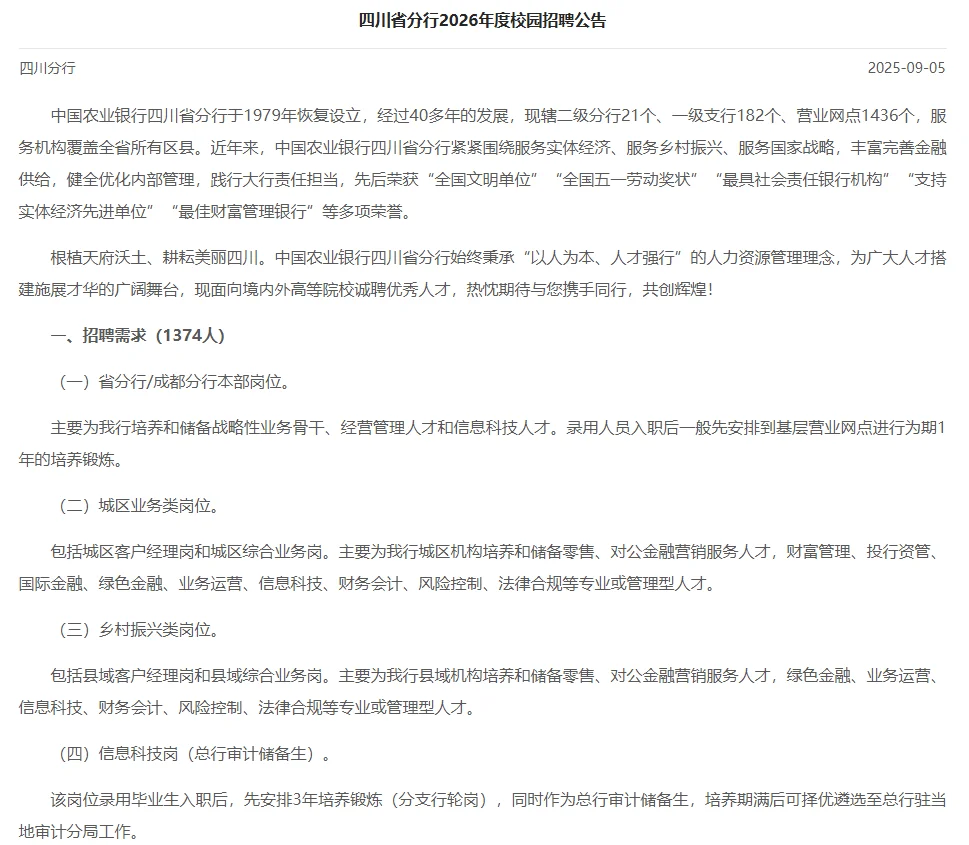 四川省农业银行招聘1374人