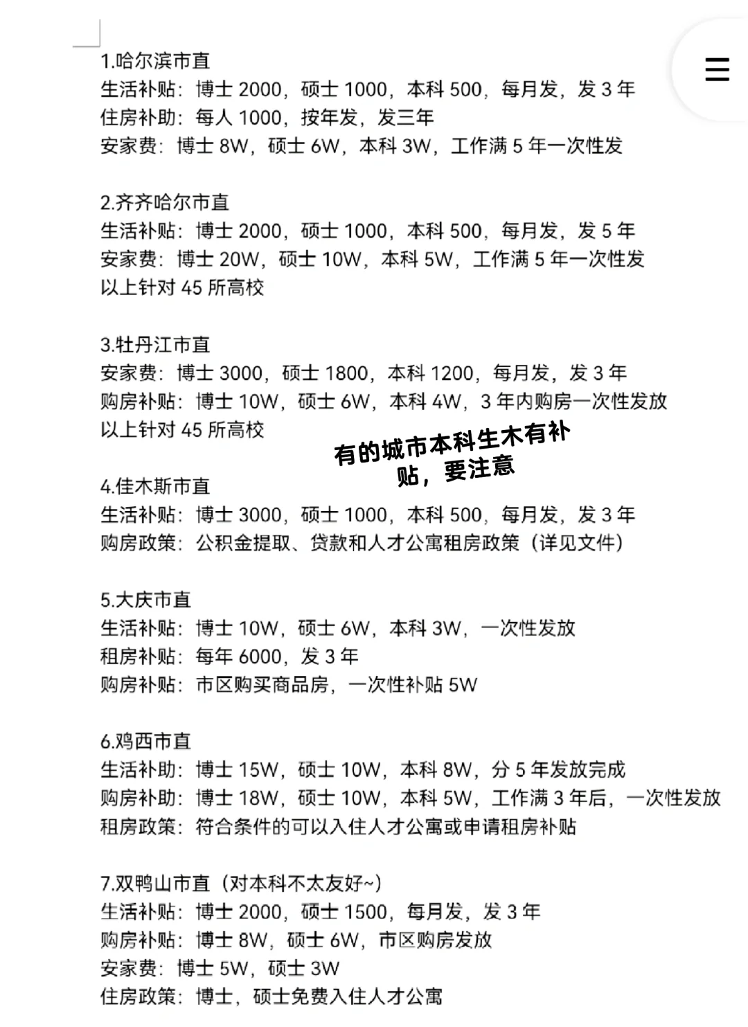 黑龙江选调各市生活补贴梳理