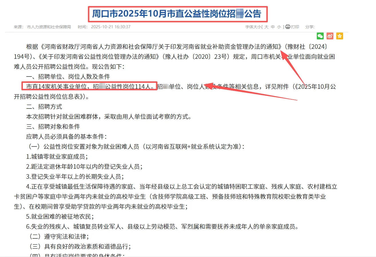周口市10月公益性岗位招录114人！
