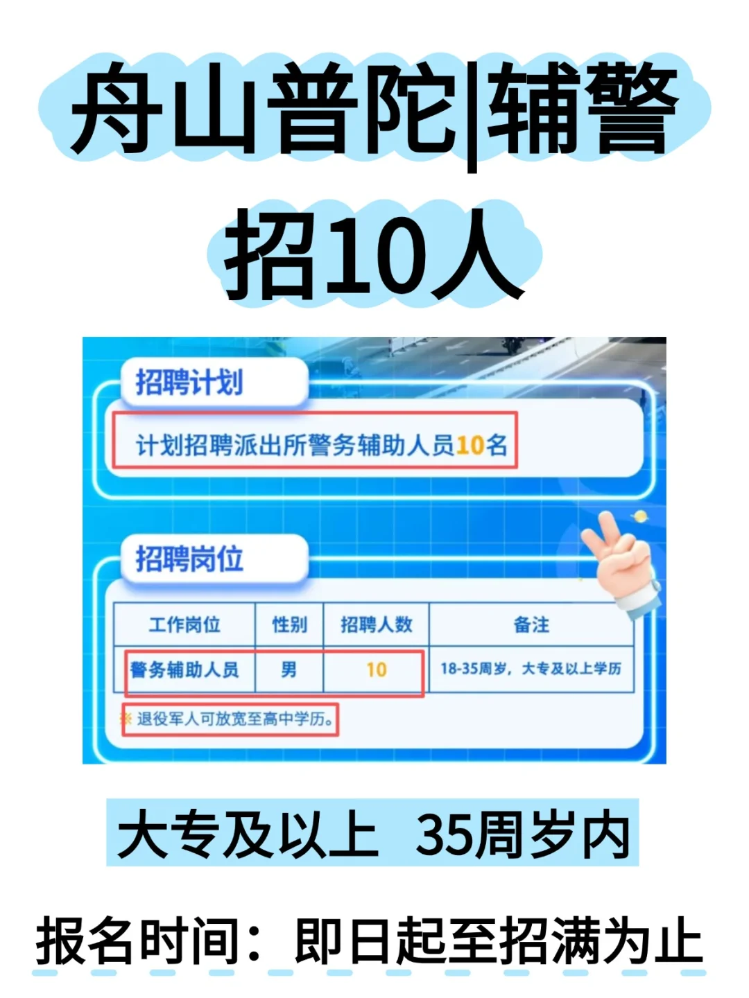 舟山普陀招辅警10人 ，退伍可放宽高中