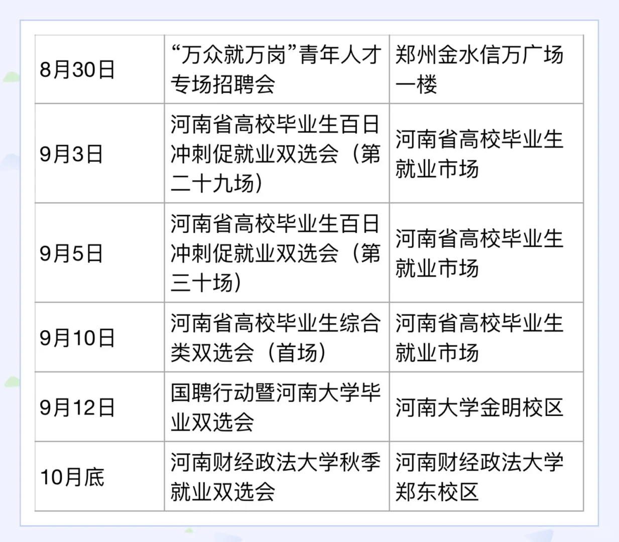 河南毕业生校招双选会时间表