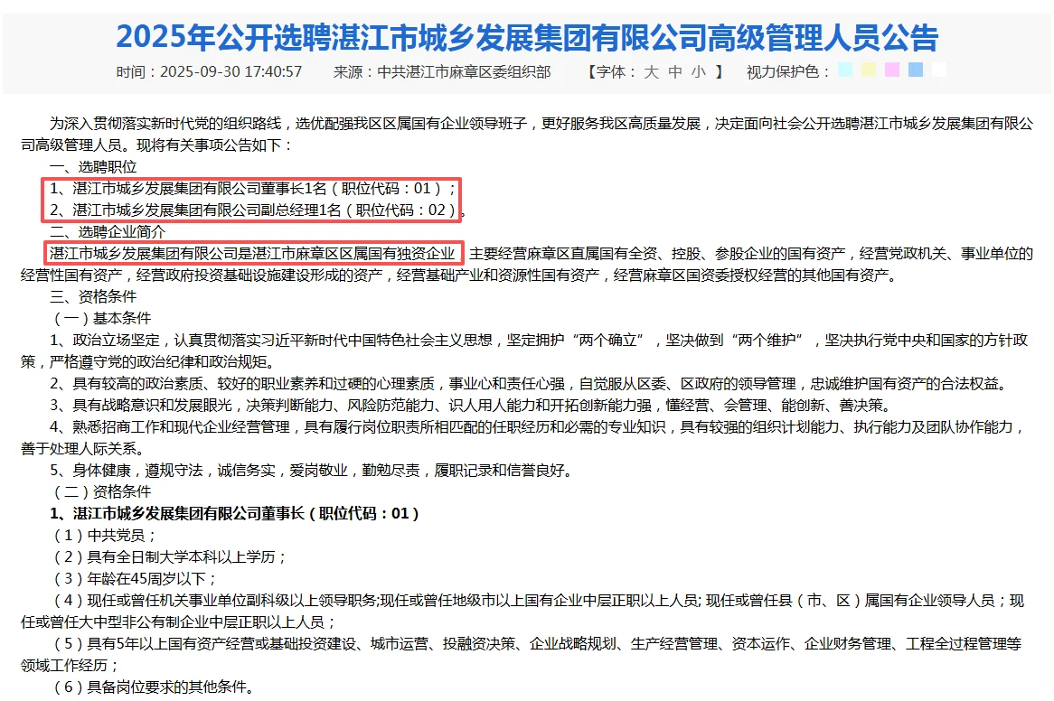【国企】湛江市城乡发展集团有限公司招聘