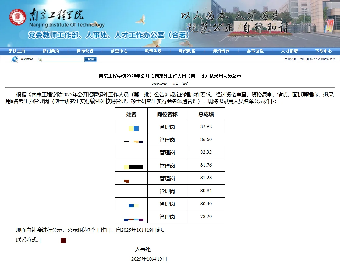 南京工程学院25年招聘编外人员录用人员公示