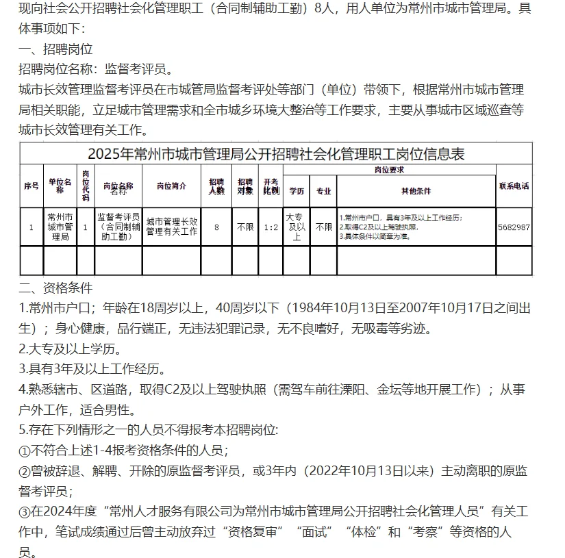 2025年常州市城市管理局公开招聘社会化管理