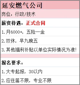延安燃气，双休不加班，大专起哦