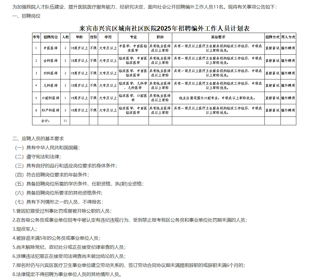 来宾市兴宾区城南社区医院招11名编外人员