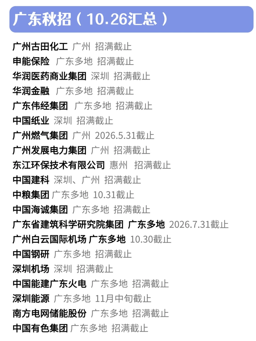 10月底放出的广东秋招每一个都要珍惜！
