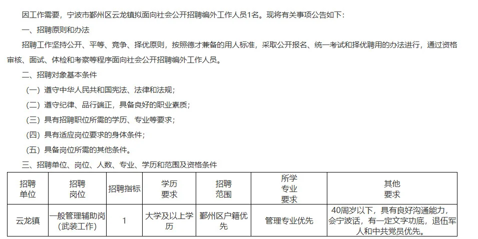 宁波市鄞州区云龙镇招聘编外人员