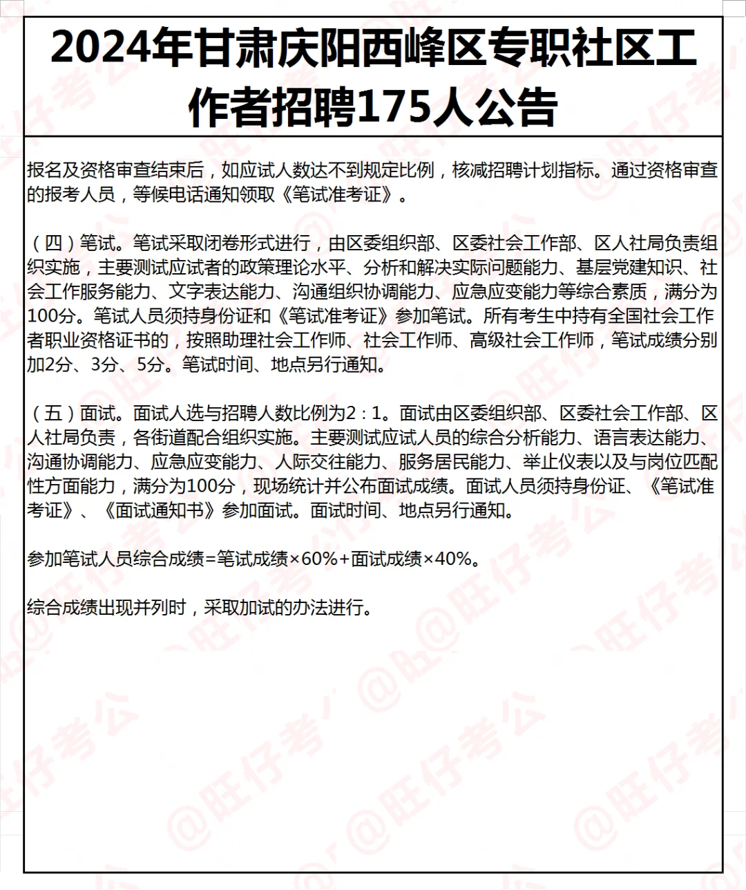 甘肃庆阳西峰区招社区工作者175人