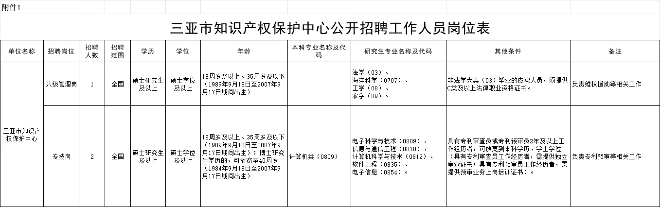 三亚市知识产权保护中心招聘