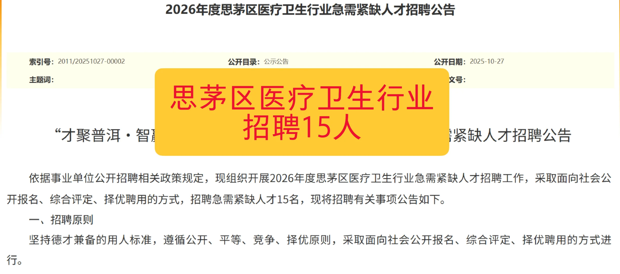 2026年度思茅区医疗卫生行业招聘